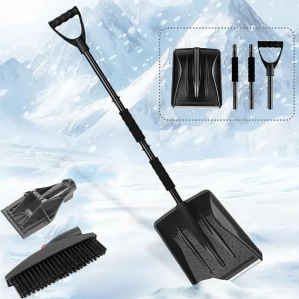 OBOSOE 3-i-1 Snöskyffel med Iskrapa & Snöborste – Portabel Fällbar Snöskyffel för Bil & Trädgård