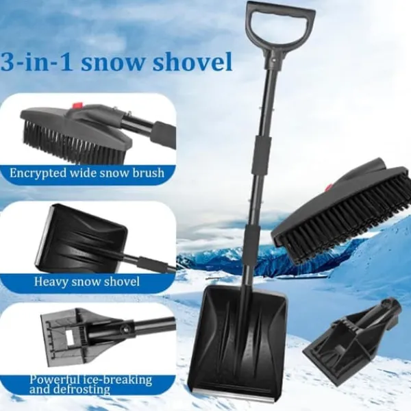 OBOSOE 3-i-1 Snöskyffel med Iskrapa & Snöborste – Portabel Fällbar Snöskyffel för Bil & Trädgård