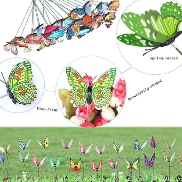 New OBOSOE 52-pack Trädgårdsdekoration – 3D PVC Fjärilar på Pinnar & Trollsländor med Klämma,för Utomhus Blomster- & Balkongdekor Trädgårdsprydnader