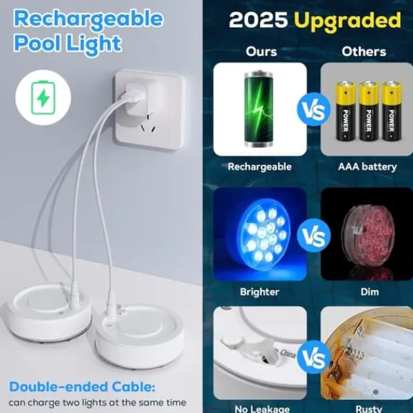 OBOSOE Poolbelysning 2-pack Uppladdningsbara LED Undervattenslampor, IP68 Vattentäta med Fjärrkontroll – För Pool, Spa & Fest
