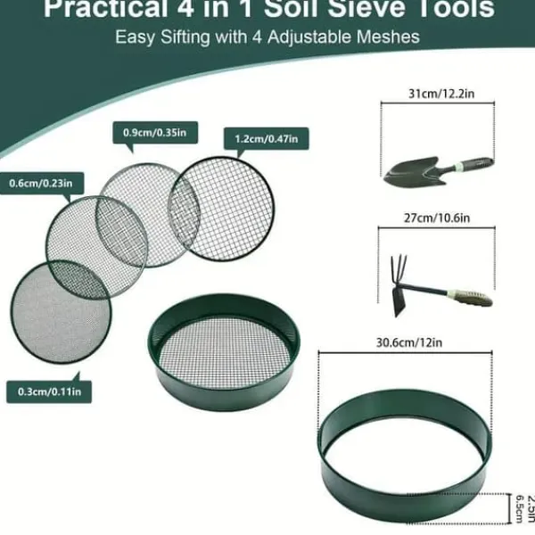 OBOSOE Rostfritt stål-jordsållset med 4 utbytbara såll och spade - Finsågad trädgårdssåll för sand, sten, jord och kompost