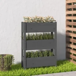Odlingslåda i massiv furu - Stabil design med 3 blomlådor | Färg: Grå | Storlek: 77x25x104,5 cm Planteringsbänkar