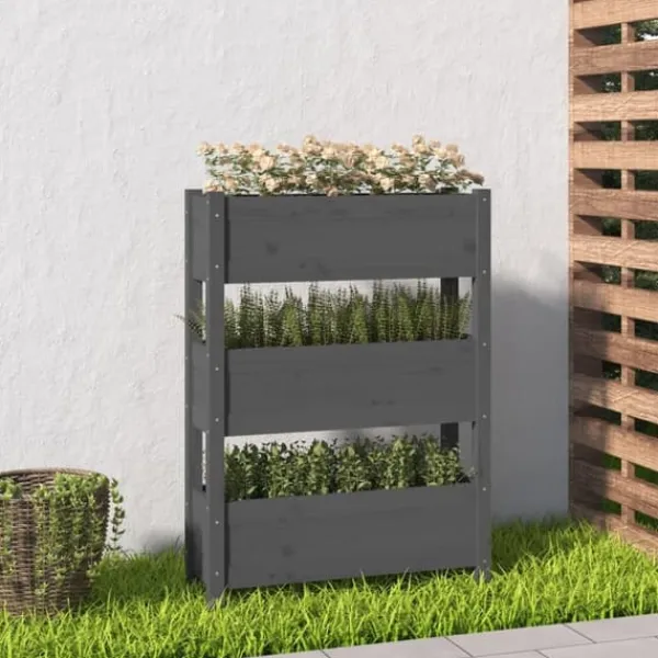 Odlingslåda i massiv furu - Stabil design med 3 blomlådor | Färg: Grå | Storlek: 77x25x104,5 cm Planteringsbänkar