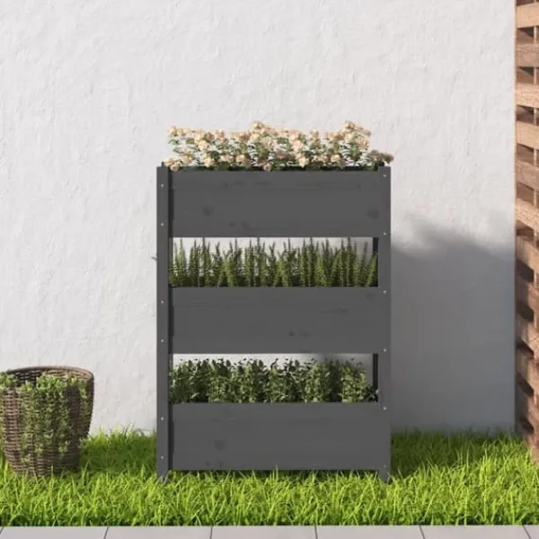 Odlingslåda i massiv furu - Stabil design med 3 blomlådor | Färg: Grå | Storlek: 77x25x104,5 cm Planteringsbänkar