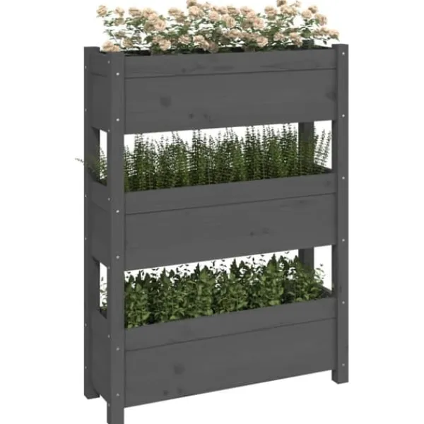Odlingslåda i massiv furu - Stabil design med 3 blomlådor | Färg: Grå | Storlek: 77x25x104,5 cm Planteringsbänkar