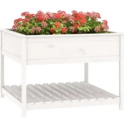 Best Odlingslåda med hylla - Massiv furu | Färg: Vit | Storlek: 111,5x111,5x81 cm Planteringsbänkar