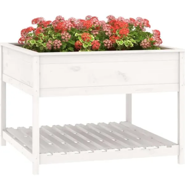 Best Odlingslåda med hylla - Massiv furu | Färg: Vit | Storlek: 111,5x111,5x81 cm Planteringsbänkar