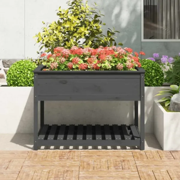 Discount Odlingslåda med hylla grå 111,5x111,5x81 cm massiv furu Planteringsbänkar