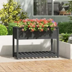 Odlingslåda med hylla i massiv furu - Ergonomisk och stabil | Färg: Grå | Storlek: 111,5x54x81 cm