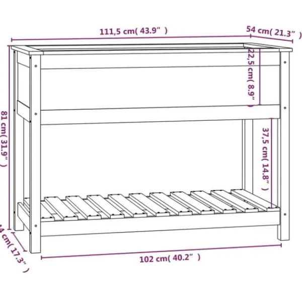Odlingslåda med hylla i massiv furu - Ergonomisk och stabil | Färg: Grå | Storlek: 111,5x54x81 cm