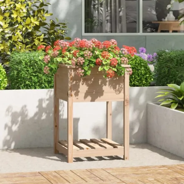 Odlingslåda med hylla i massiv furu - Ergonomisk och praktisk | Storlek: 54x54x81 cm | Färg: Natur Planteringsbänkar