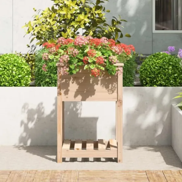 Odlingslåda med hylla i massiv furu - Ergonomisk och praktisk | Storlek: 54x54x81 cm | Färg: Natur Planteringsbänkar