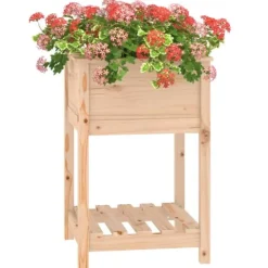 Odlingslåda med hylla i massiv furu - Ergonomisk och praktisk | Storlek: 54x54x81 cm | Färg: Natur Planteringsbänkar
