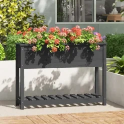 Best Odlingslåda med hylla i massiv furu - Ergonomisk och stabil | Färg: Grå | Storlek: 111,5x34,5x81 cm Planteringsbänkar