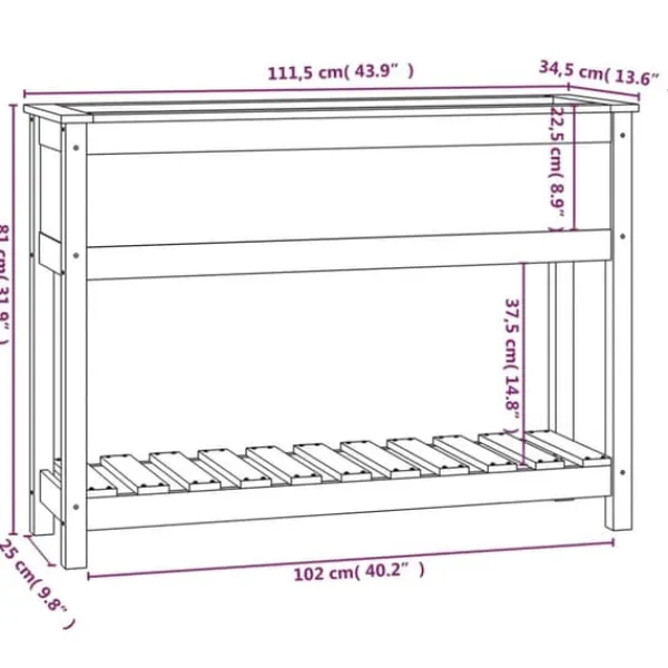 Best Odlingslåda med hylla i massiv furu - Ergonomisk och stabil | Färg: Grå | Storlek: 111,5x34,5x81 cm Planteringsbänkar