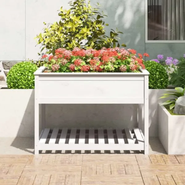 Odlingslåda med hylla vit 111,5x111,5x81 cm massiv furu - Odlingslåda Upphöjd - Odlingslådor Upphöjda - Home & Living Planteringsbänkar