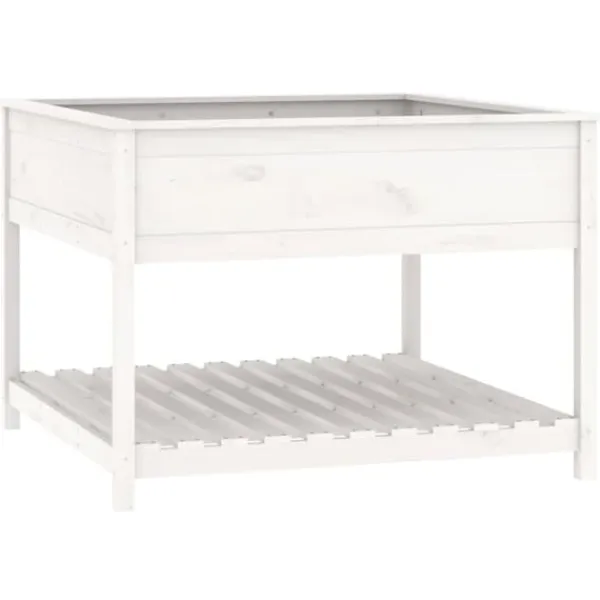 Odlingslåda med hylla vit 111,5x111,5x81 cm massiv furu Planteringsbänkar