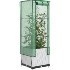 Clearance Odlingslåda med växthusöverdrag rottinglook 40x40x139 cm Växthus