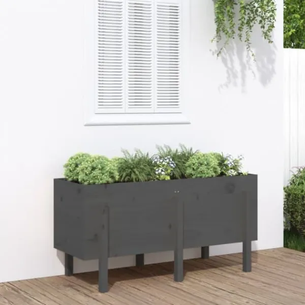 Odlingslåda på ben i massivt furuträ - Höjd: 57 cm | Färg: Grå | Storlek: 121x50 cm