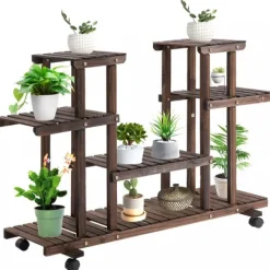 Outlet Outsunny Blomsterställ i massivt Tannenholz, 4 nivåer, kolat, 123,5x33x80cm Växtställ
