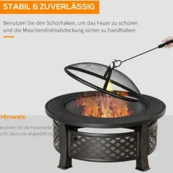 Outsunny Eldstad med grillgaller, skydd och verktyg, Svart, Legerat stål, 81x81x50 cm
