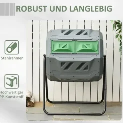 Best Outsunny Kompostbehållare 160L, vridbar, dubbelkammare, grå, stål/PP Kompostering