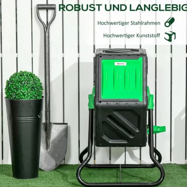 New Outsunny Snurrkompost 65L i Plast Grön/Svart - Vädertålig Trädgårdskompost med Ventilationssystem Kompostering