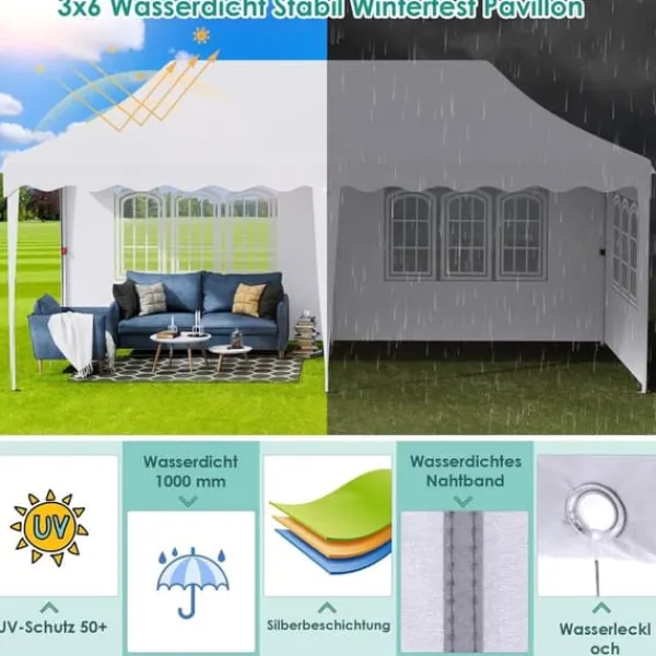 Partytält Paviljong 3x6 m - Pop-up Gazebo - Vattentät - UV50+ - HDPE med PU-beläggning - Aluminiumram - Sidoväggar ingår - Vit