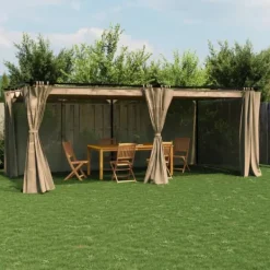 Paviljong med draperi - Robust uteplatslösning | Färg: Taupe | Storlek: 6x3 m