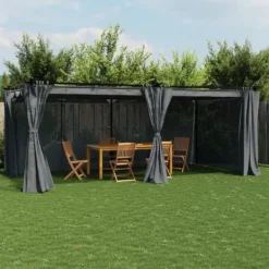 Online Paviljong med draperi antracit 6x3 m stål Valvbågar, Spaljéer, Bersåer & Pergolor