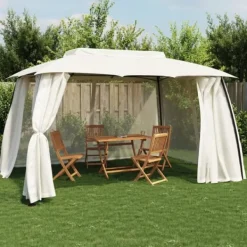 Paviljong med dubbelt tak & nätväggar - Utomhuspergola | Färg: Gräddvit | Storlek: 3,93x2,93 m