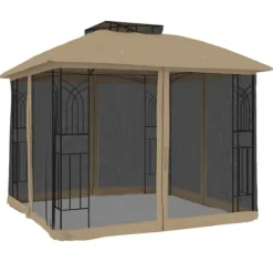 Paviljong med dubbelt tak och nätväggar - Utomhusavkoppling | Färg: Taupe | Storlek: 2,94x2,94 m