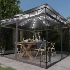 vidaXL Paviljong med myggnät och ljusslinga LED 3x3x2,73m antracit