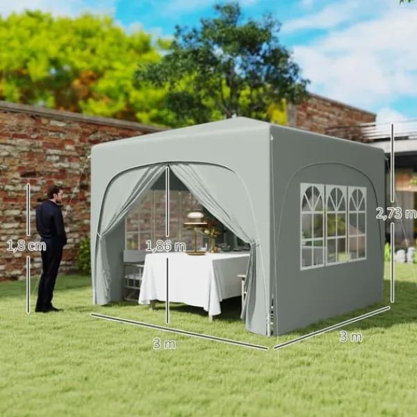 Paviljong 3x3 m pop-up, vattenavvisande, vintertålig, UV-skydd 50+, 4 sidoväggar & väska, ljusgrå