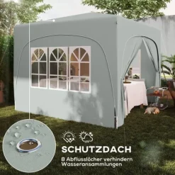 Paviljong 3x3 m pop-up, vattenavvisande, vintertålig, UV-skydd 50+, 4 sidoväggar & väska, ljusgrå
