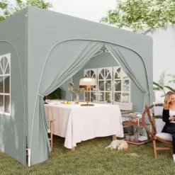 Paviljong 3x3 m pop-up, vattenavvisande, vintertålig, UV-skydd 50+, 4 sidoväggar & väska, ljusgrå