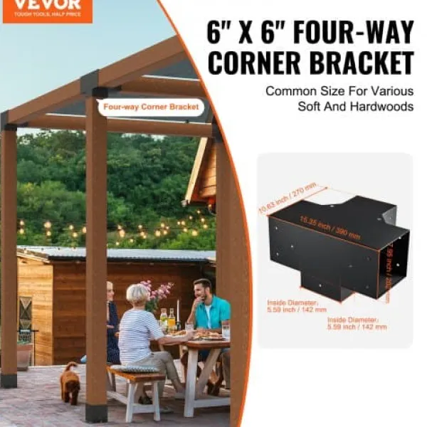 Pergola beslagssats, 4-vägs hörnbeslag 2 st, 14,2x14,2 cm, svart, stål