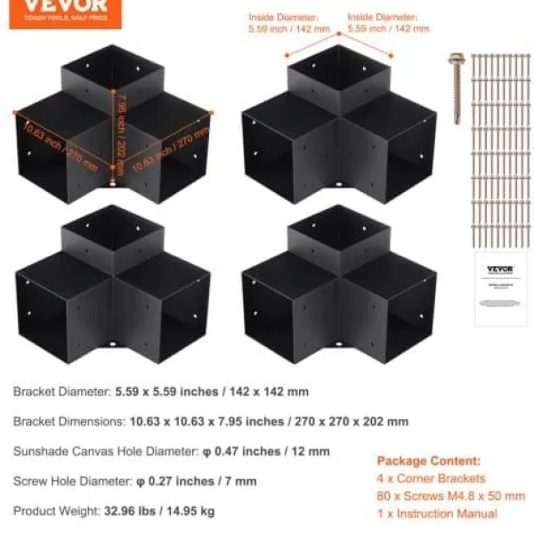 Pergola Fästesats, 3-vägs hörnfäste, 14,2x14,2 cm, Svart, Stål