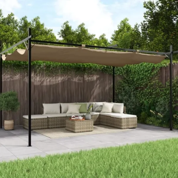Pergola med infällbart tak taupe 395x292x230 cm Valvbågar, Spaljéer, Bersåer & Pergolor