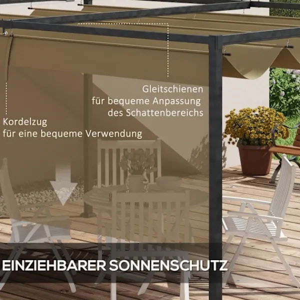 Pergola 4x3m trädgårdspaviljong, uteplatstak av stål, trädgårdspaviljong med justerbart tak, fristående, solskydd för terrass och trädgård, kaki