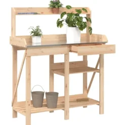 Planteringsbord i massivt granträ med hyllor - Växtbord för trädgård | Färg: Naturlig | Storlek: Standard