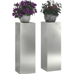 Discount Planteringslåda i galvaniserat stål - 2 st utomhus blomsterställ | Storlek: 24x24x75 cm | Färg: Grå Växtställ