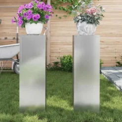 Discount Planteringslåda i galvaniserat stål - 2 st utomhus blomsterställ | Storlek: 24x24x75 cm | Färg: Grå Växtställ