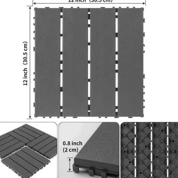 Plastdeckplattor, 44 st, 12"x12" kvadratiska vattentåliga utomhusplattor, för poolside, balkong och trädgård, mörkgrå Trädgårdsprydnader