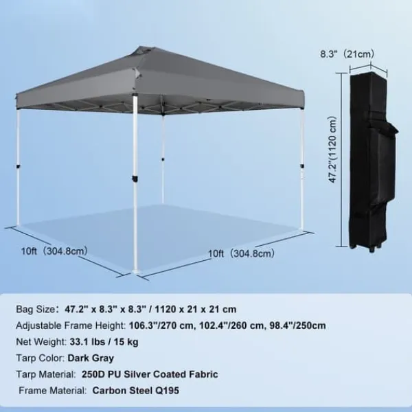 Hot Pop Up Canopy Partytält 10x10 fot med bärväska för camping, mörkgrått och lätt att transportera. Tält & Lusthus
