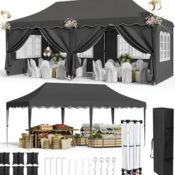 Pop Up Pavilion Tält med Markis, Vattentät UV-skydd, Robust Aluminiumram,svart