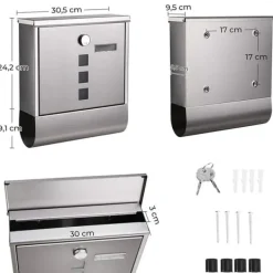Postbox, väggmonterad brevlåda, kapslat lås med kopparkärna, tidningshållare, visningsfönster och namnskylt, enkel att installera, silver