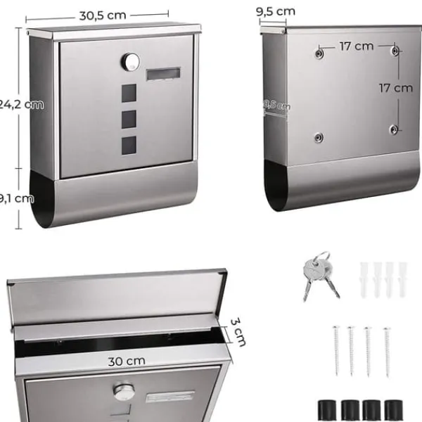 Postbox, väggmonterad brevlåda, kapslat lås med kopparkärna, tidningshållare, visningsfönster och namnskylt, enkel att installera, silver