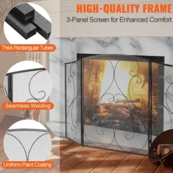 Best Öppen spisskärm 3 panel, robust järnnät, 122x76,7CM gnistskydd, fristående eldstad staketgaller för vardagsrum. Tillbehör Till Vedeldade Kaminer & Öppna Spisar