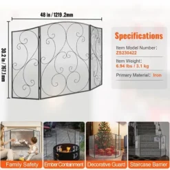 Best Öppen spisskärm 3 panel, robust järnnät, 122x76,7CM gnistskydd, fristående eldstad staketgaller för vardagsrum. Tillbehör Till Vedeldade Kaminer & Öppna Spisar